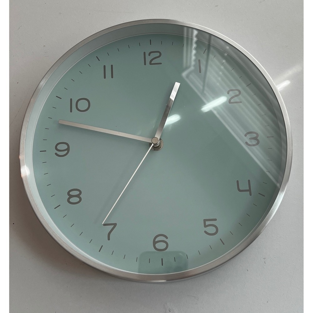 Modern 10 Inch Round Wall Clock Brushed Silver Metal Seafoam Green Face Quartz